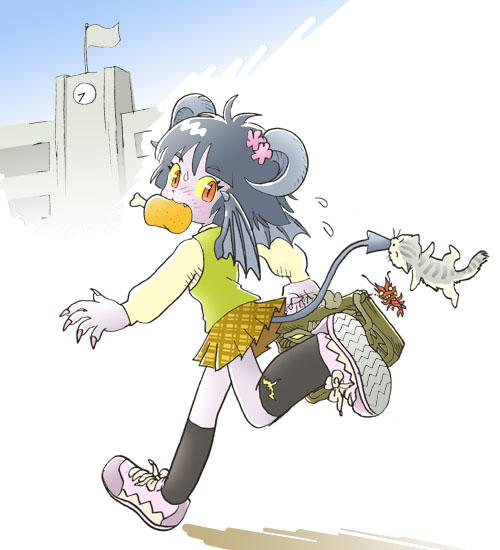 kabiinyo (kab), original, baby animal, bag, biting, black hair, boned meat, cat, demon, demon tail, demon wings, fingernails, food, horns, kitten, looking back, meat, mouth hold, nail (hardware), running, school, school bag, school uniform, short hair, solo, sweatdrop, tail, wings