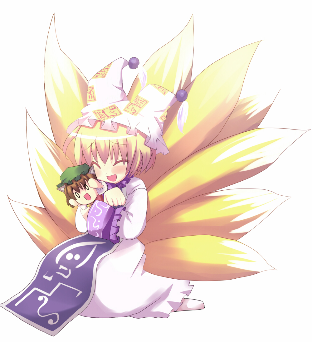 tsunono, chen, yakumo ran, touhou, 1girl, animal ears, animal hat, blonde hair, blush, brown hair, character doll, closed eyes, doll, female focus, hat, hug, hugging doll, hugging object, long sleeves, mob cap, multiple tails, short hair, solo, tail, tassel, white background