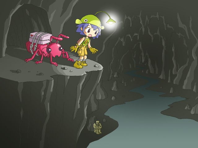 kabiinyo (kab), original, 1boy, 1girl, ant, backpack, bag, beard, bug, cave, clothed female nude male, explorer, facial hair, female focus, hat, hugging own legs, insect, nude, randoseru, sitting, solo, stream, underground, underground river