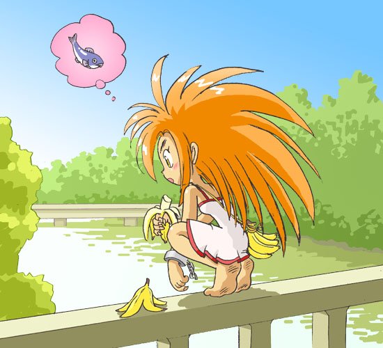 kabiinyo (kab), original, 1girl, banana, barefoot, bridge, cuffs, dirty, dirty feet, escaped, female focus, food, fruit, holding, holding food, holding fruit, long hair, orange hair, river, shackles, solo, spoken food, wrist cuffs