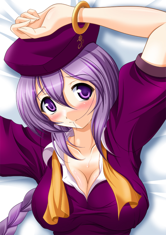 yukimura, yukimura1130, sion eltnam (type-moon), sion eltnam atlasia, melty blood, tsukihime, 00s, 1girl, blush, bracelet, braid, breasts, cleavage, female focus, hat, jewelry, large breasts, mouth hold, open clothes, open shirt, purple eyes, purple hair, shirt, solo