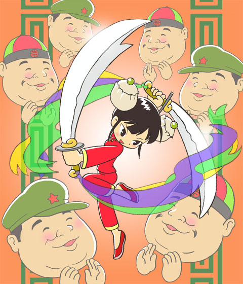 kabiinyo (kab), original, 1girl, chinese clothes, clapping, dao (weapon), double bun, food, gradient background, hair bun, shumai (food), steamed bun, sword, weapon