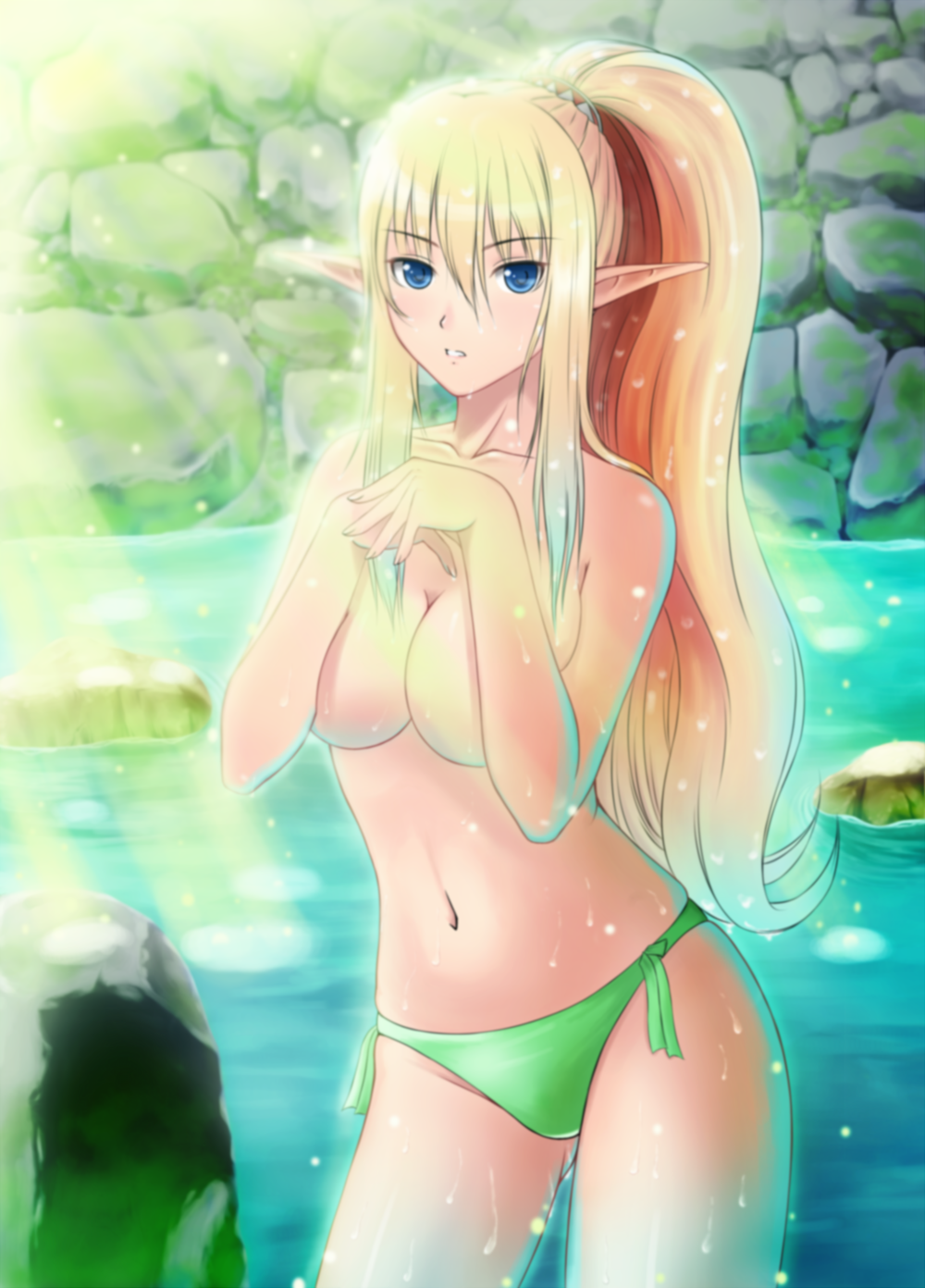inari to koushinryou, original, highres, md5 mismatch, resolution mismatch, source smaller, 1girl, bikini, blonde hair, blue eyes, breasts, elf, female focus, green bikini, large breasts, pointy ears, ponytail, side-tie bikini bottom, solo, swimsuit, topless female, water