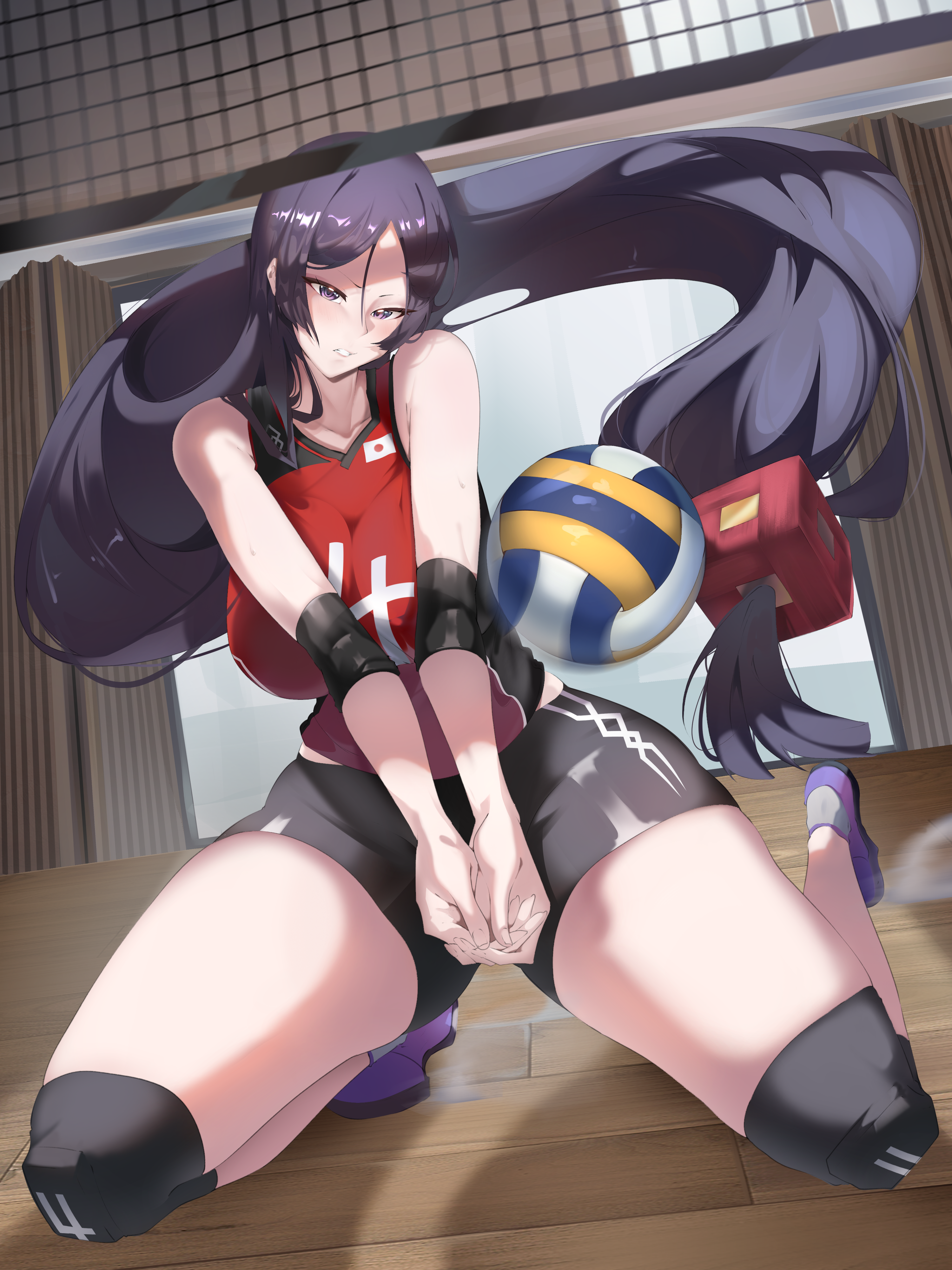 slob slime, minamoto no raikou (fate), fate/grand order, fate (series), absurdres, highres, non-web source, 1girl, mature female, purple eyes, purple hair, solo, solo focus, sportswear, tall female, volleyball