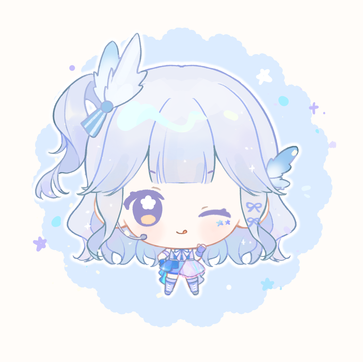 baonu de zhanshen caibutou, infinity nikki, nikki (series), chinese commentary, commentary request, highres, 1girl, ;q, armband, bare shoulders, blue background, blue dress, blue eyes, blue gloves, blue ribbon, blue theme, blunt bangs, boots, bow, bowtie, chibi, closed mouth, dress, eyelashes, facial tattoo, feather hair ornament, feathers, fingerless gloves, flower in eye, gloves, grey hair, hair ornament, hair ribbon, hand on own hip, happy, headset, idol, knee boots, lace-up boots, layered dress, light blush, light particles, long hair, one eye closed, one side up, outline, purple armband, purple boots, purple bow, purple bowtie, purple dress, purple thighhighs, ribbon, short dress, sidelocks, sleeveless, sleeveless dress, smile, solo, sparkle, standing, star (symbol), star tattoo, starry nocturne (infinity nikki), straight-on, striped ribbon, symbol in eye, tailcoat, tattoo, thighhighs, tongue, tongue out, two-tone background, very long hair, waving, wavy hair, white background, white outline