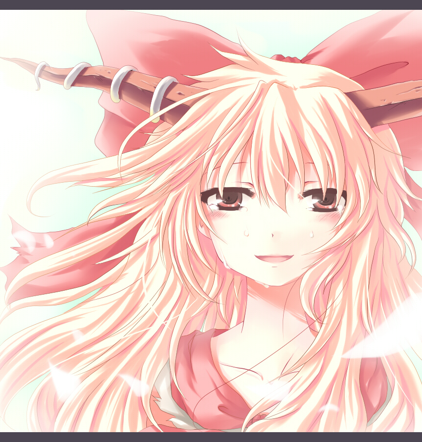 nejime, ibuki suika, touhou, bad id, bad pixiv id, 1girl, blonde hair, female focus, hair ribbon, happy, horns, letterboxed, long hair, oni, open mouth, orange hair, red eyes, ribbon, smile, solo, tears