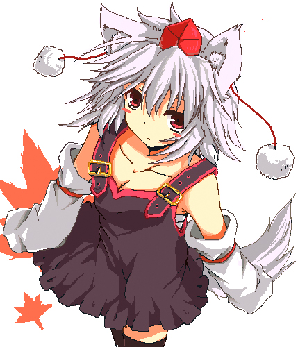 nejime, inubashiri momiji, touhou, bad id, bad pixiv id, lowres, 1girl, alternate costume, breasts, casual, cleavage, dress, female focus, from above, hat, looking up, oekaki, sarashi, solo, thighhighs, white background, zettai ryouiki