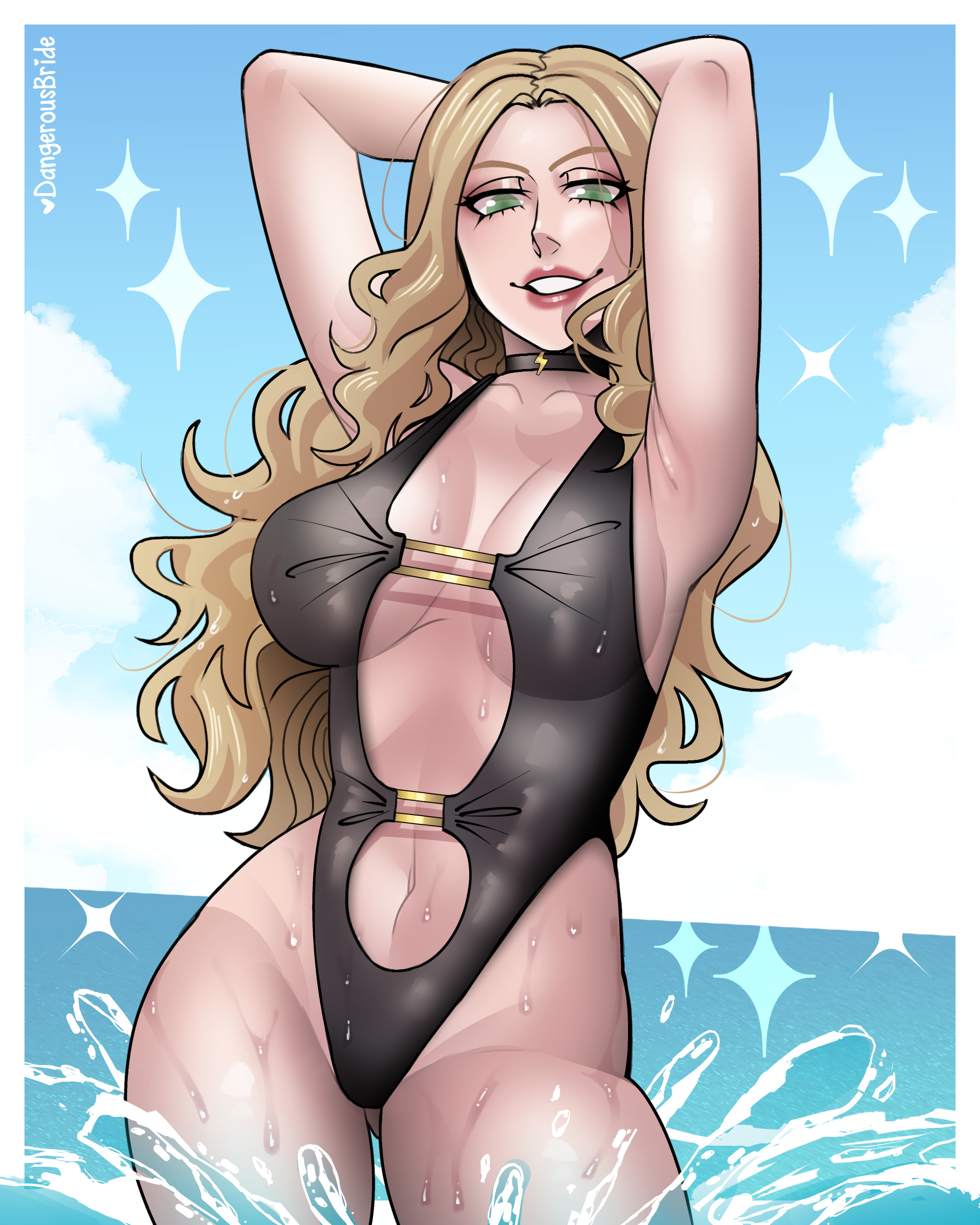 dangerousbride, trish (devil may cry), devil may cry (series), absurdres, commentary, english commentary, highres, 1girl, arms behind head, arms up, artist name, black choker, black one-piece swimsuit, blonde hair, blue sky, breasts, choker, cleavage, cloud, contrapposto, gluteal fold, green eyes, highleg, highleg one-piece swimsuit, large breasts, long hair, navel, ocean, one-piece swimsuit, sky, solo, sparkle, splashing, swimsuit, wading, wet