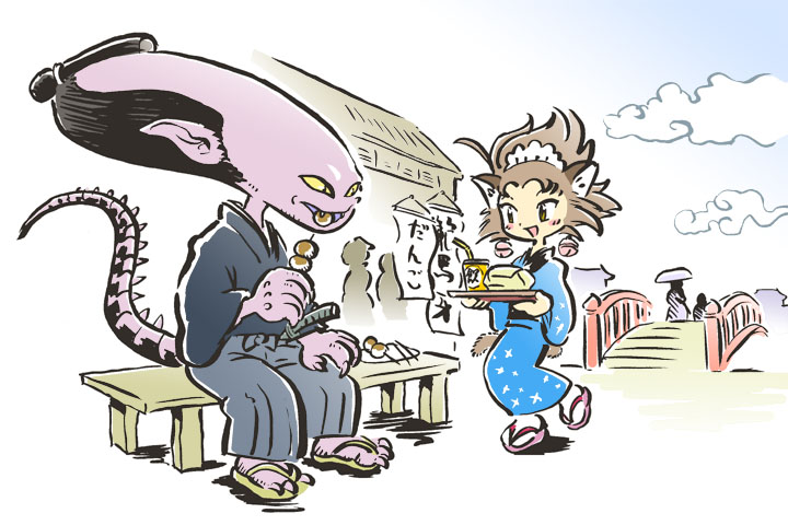 kabiinyo (kab), xenomorph, alien (1979), alien (series), original, 1boy, 1girl, alien, animal ears, bell, bell earrings, bench, blush, bridge, cat ears, cat tail, chonmage, cloud, dango, earrings, eating, fast food, food, happy, japanese clothes, jewelry, kimono, maid headdress, open mouth, outdoors, pointy ears, samurai, short hair, sitting, sky, smile, tail, topknot, wagashi