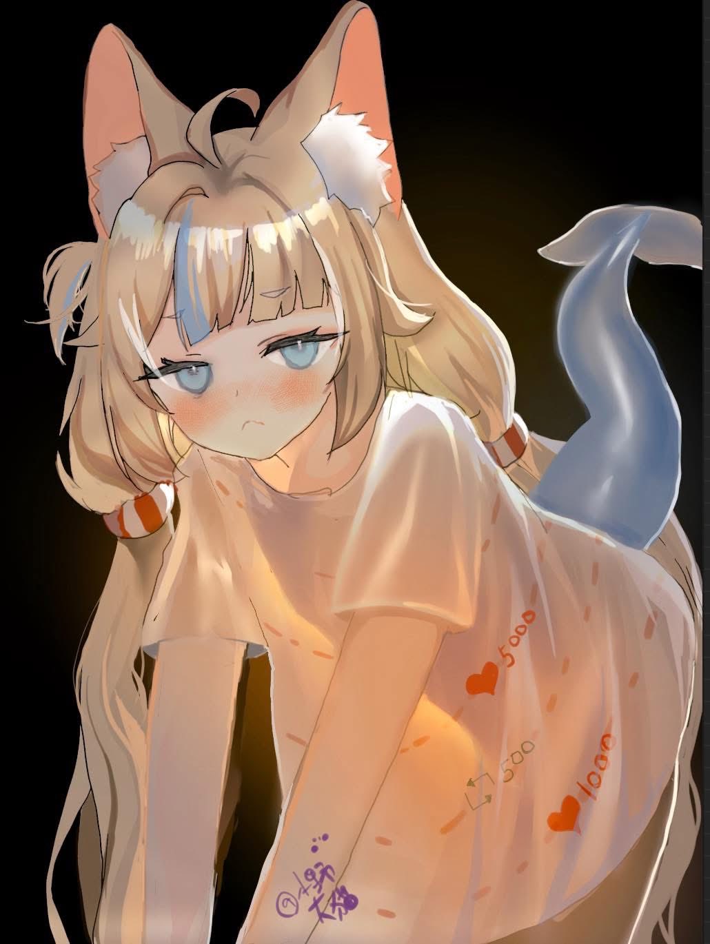 lunacats, sameko saba, indie virtual youtuber, highres, 1girl, ahoge, animal ear fluff, animal ears, blonde hair, blue eyes, blue hair, cat ears, closed mouth, cut-here line, fins, fish girl, fish tail, frown, like and retweet, long hair, looking at viewer, low twintails, shirt, solo, tail, twintails, twitter cutting game, virtual youtuber, white shirt
