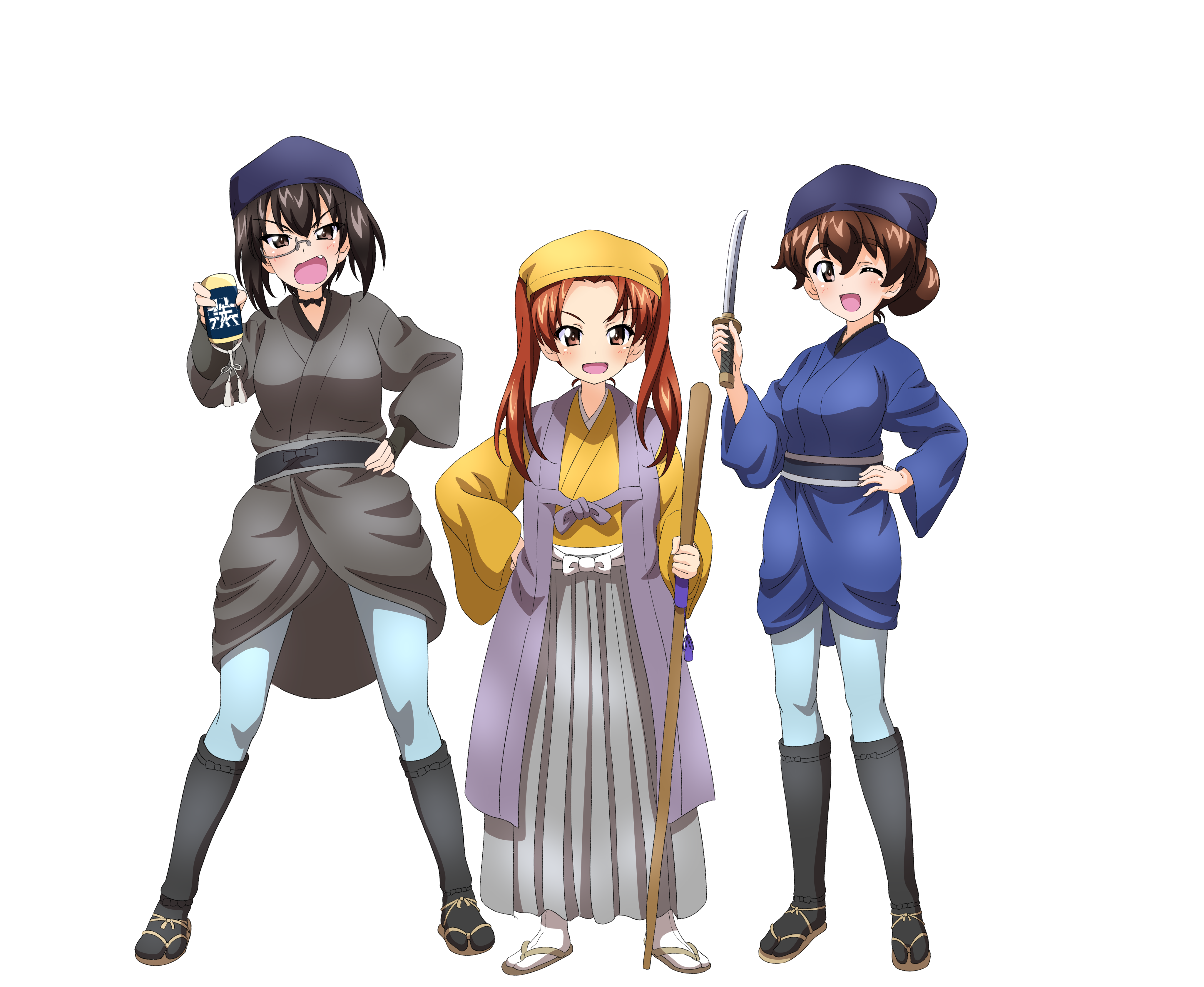 key (gaigaigai123), atsumi kakunoshin, kadotani anzu, kawashima momo, koyama yuzu, tokugawa mitsukuni, girls und panzer, mito koumon, absurdres, commentary, commission, commissioner upload, english commentary, highres, second-party source, 3girls, atsumi kakunoshin (cosplay), cosplay, multiple girls, sasaki sukesaburou