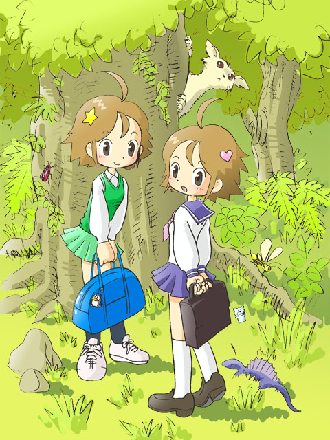 kabiinyo (kab), original, 2girls, bag, dimetrodon, forest, multiple girls, nature, school bag, school uniform, siblings, sisters, twins, unknown animal