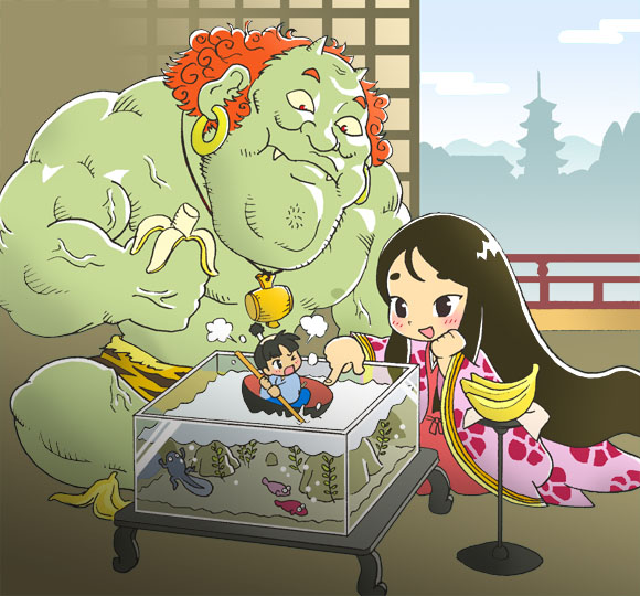 kabiinyo (kab), issun-boushi (character), kaguya hime, issun-boushi, original, taketori monogatari, 1boy, 1girl, age difference, angry, aquarium, architecture, banana, black hair, blush, china dress, chinese clothes, crossover, dress, east asian architecture, fish tank, food, fruit, happy, indoors, japanese clothes, kaguya-hime, kimono, layered clothes, layered kimono, long hair, mallet, mini person, miniboy, oni, open mouth, playing, short hair, shouji, sliding doors, smile, tadpole, window