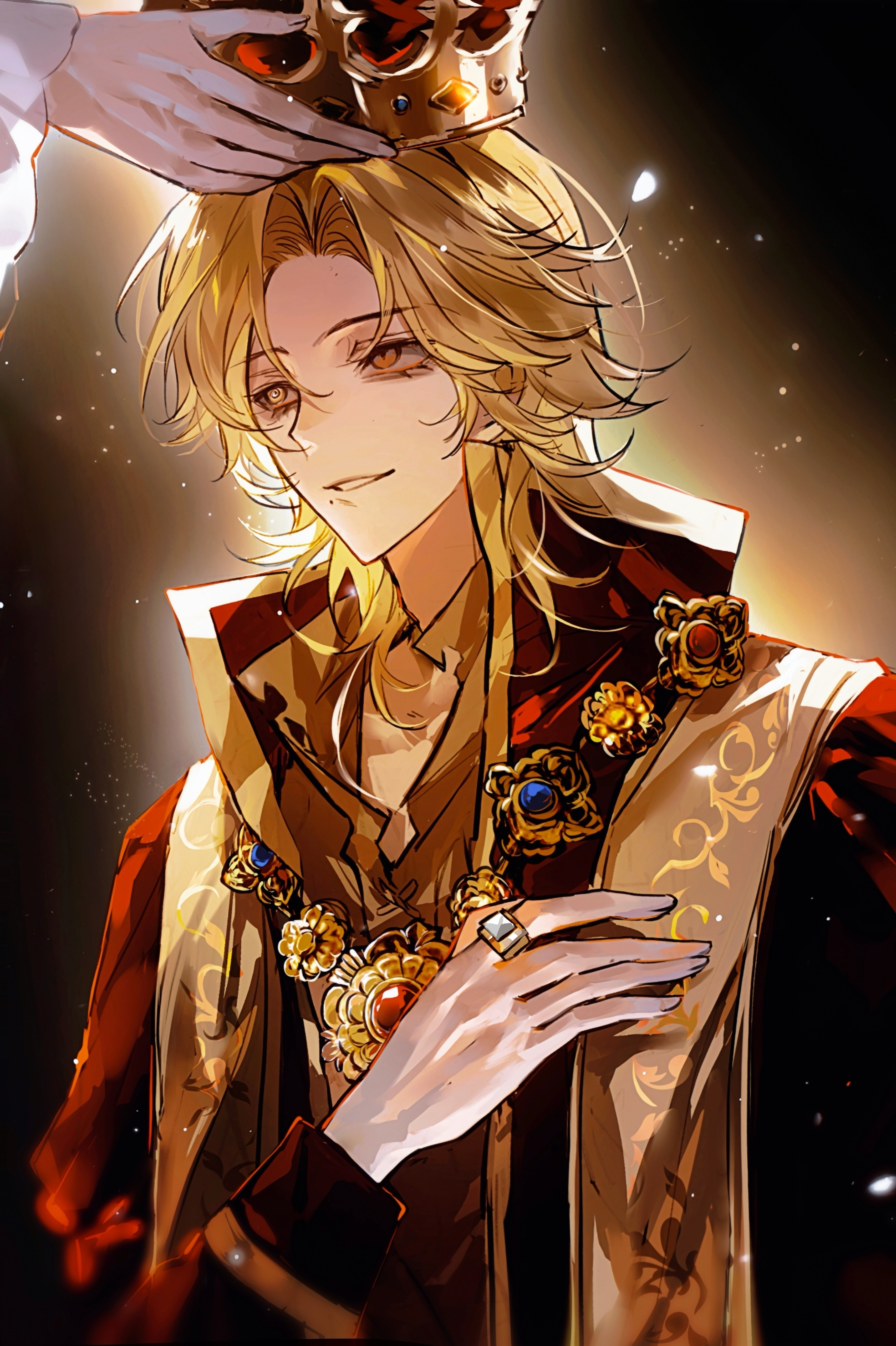 richard sterling (edward beneath the crown), identity v, absurdres, highres, 1boy, black shirt, blonde hair, collared shirt, crown, genshinimpactgaoshou, gold, gold ring, gold trim, hair intakes, hand on own chest, holding, holding crown, jewelry, light particles, long hair, long sleeves, looking to the side, male focus, medium hair, mole, mole under mouth, necklace, orange eyes, out of frame, parted bangs, parted lips, red crown, richard sterling, ring, shirt, smile, solo, solo focus, upper body, yellow eyes