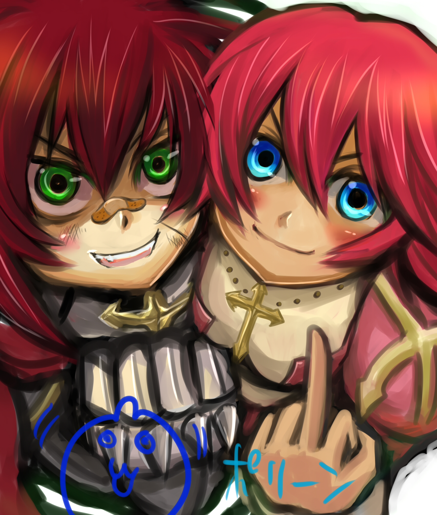 chirao (tirao777), high priest (ragnarok online), lord knight (ragnarok online), ragnarok online, commentary request, highres, 1boy, 1girl, bandaid, bandaid on face, bandaid on nose, blue eyes, breasts, closed mouth, cross, cross necklace, dress, green eyes, hair between eyes, jewelry, juliet sleeves, long sleeves, looking at viewer, medium breasts, middle finger, necklace, open mouth, pink dress, puffy sleeves, red hair, short hair, simple background, smile, spiked gauntlets, two-tone dress, upper body, white background, white dress