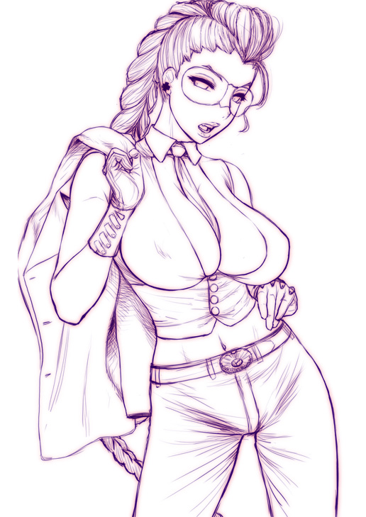 st.germain-sal, crimson viper, capcom, street fighter, street fighter iv (series), 1girl, between breasts, braid, breasts, cleavage, female focus, gloves, huge breasts, jacket, jacket over shoulder, long hair, midriff, monochrome, navel, necktie, open clothes, open shirt, pompadour, purple theme, shirt, solo, sunglasses, unworn jacket, very long hair