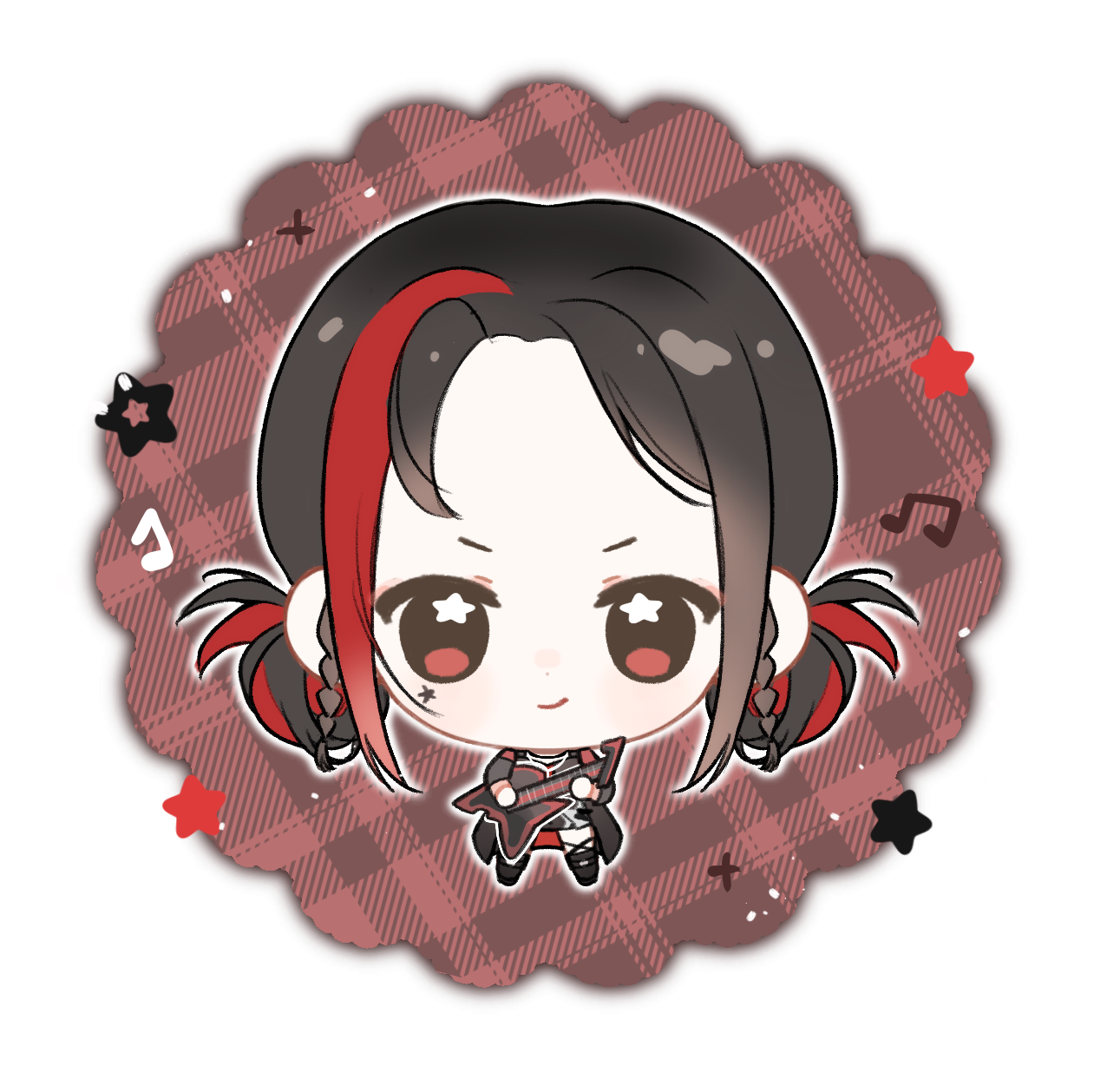 baonu de zhanshen caibutou, infinity nikki, nikki (series), chinese commentary, commentary request, highres, 1girl, black boots, black coat, black hair, black ribbon, black shirt, black skirt, black socks, boots, braid, brown eyes, chibi, closed mouth, coat, counterflow concerto (infinity nikki), dot nose, double bun, electric guitar, facial tattoo, forehead, guitar, hair bun, happy, instrument, kneehighs, leg ribbon, light particles, long sleeves, looking at viewer, miniskirt, multicolored hair, music, musical note, outline, pencil skirt, plaid background, playing guitar, playing instrument, punk, red background, red hair, ribbon, shirt, short hair, side braids, single kneehigh, single sock, skirt, smirk, socks, solo, sparkle, standing, star (symbol), star in eye, star tattoo, straight-on, streaked hair, symbol in eye, tattoo, twin braids, two-sided coat, two-sided fabric, two-tone background, two-tone hair, v-shaped eyebrows, white background, white outline