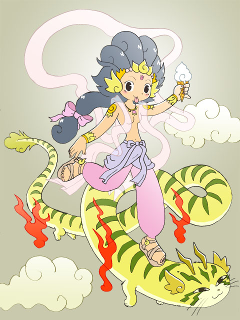 kabiinyo (kab), 1girl, cat, cloud, dancing, dragon, female focus, flying, food, gradient background, hagoromo, ice cream, shawl, solo, tongue