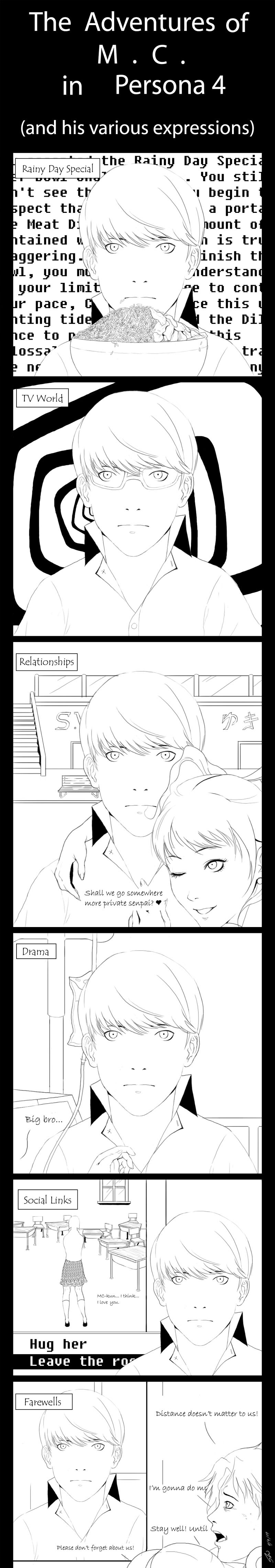hanamura yousuke, kujikawa rise, narukami yu, ozawa yumi, atlus, megami tensei, persona, persona 4, shin megami tensei, absurdres, hard-translated, highres, long image, tall image, third-party edit, translated, 2boys, 3girls, :|, closed mouth, completely unamused, deadpan, greyscale, monochrome, multiple boys, multiple girls, parody, unamused