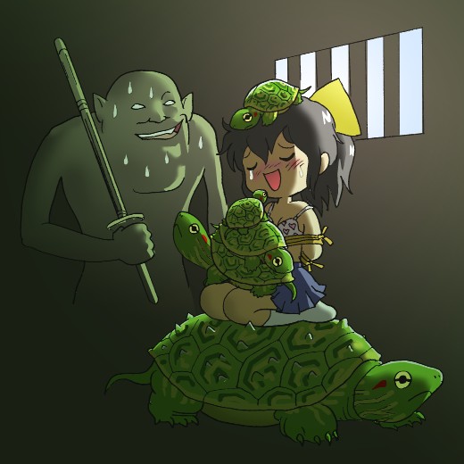 kabiinyo (kab), original, 1girl, bdsm, blush, bondage, bound, bra, dungeon, gradient background, indoors, lingerie, open mouth, shinai, sweat, sword, turtle, underwear, weapon