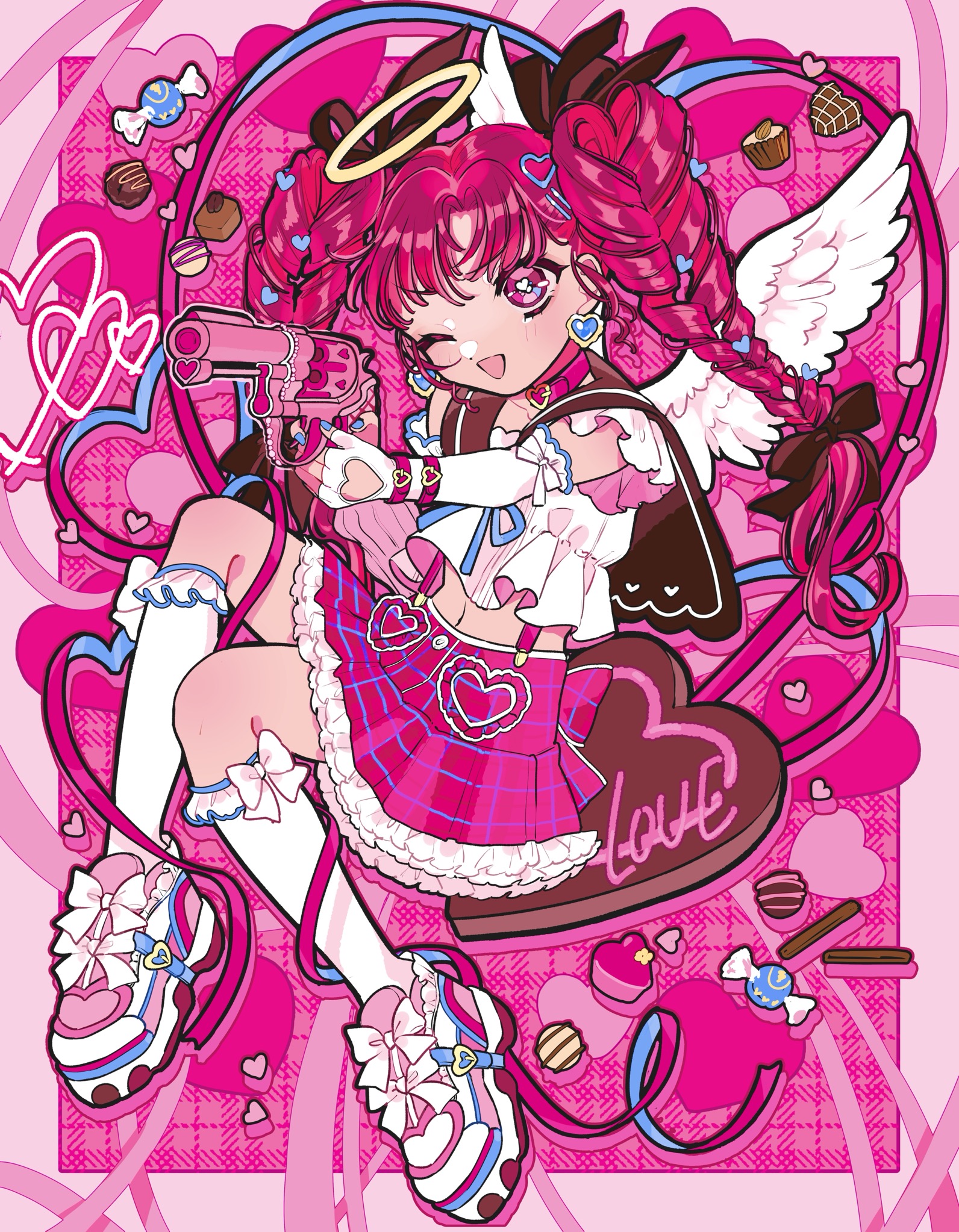 amaharu wasure, original, commentary, highres, 1girl, ;d, angel, angel wings, blue nails, bow, braid, brown ribbon, candy, chocolate, clothing cutout, elbow gloves, feathered wings, fingernails, food, full body, gloves, gun, hair ornament, hair ribbon, hairclip, halo, heart, heart-shaped pupils, heart cutout, heart hair ornament, holding, holding gun, holding weapon, long hair, nail polish, one eye closed, open mouth, pink bow, pink eyes, pink hair, pink shoes, pink skirt, pink theme, plaid clothes, plaid skirt, pleated skirt, ribbon, shoes, skirt, smile, socks, solo, symbol-shaped pupils, traditional halo, twin braids, twintails, weapon, white bow, white gloves, white socks, white wings, wings, wrapped candy, yellow halo