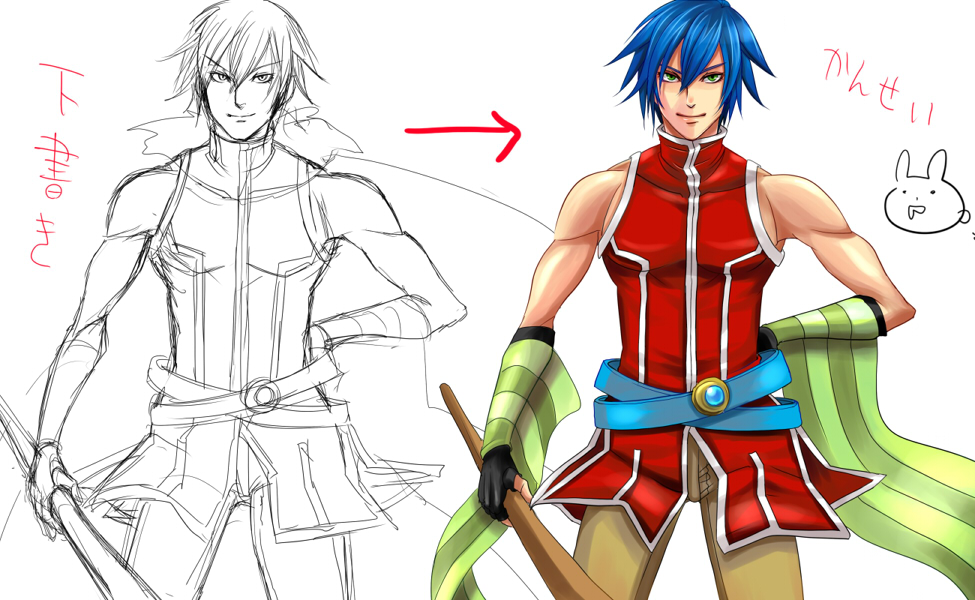 chirao (tirao777), professor (ragnarok online), ragnarok online, commentary request, 1boy, belt, black gloves, blue belt, blue hair, closed mouth, cowboy shot, detached sleeves, fingerless gloves, gloves, green eyes, green sleeves, hair between eyes, looking at viewer, male focus, red shirt, shirt, short hair, simple background, sketch, sleeveless, sleeveless shirt, smile, striped sleeves, white background