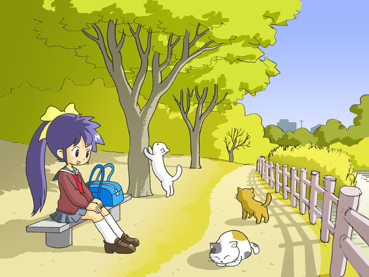 kabiinyo (kab), original, 1girl, bag, bench, blue hair, cat, duffel bag, female focus, fence, hands on own knees, long hair, outdoors, park, ponytail, school bag, school uniform, serafuku, shoes, sitting, sky, smile, socks, solo, tree