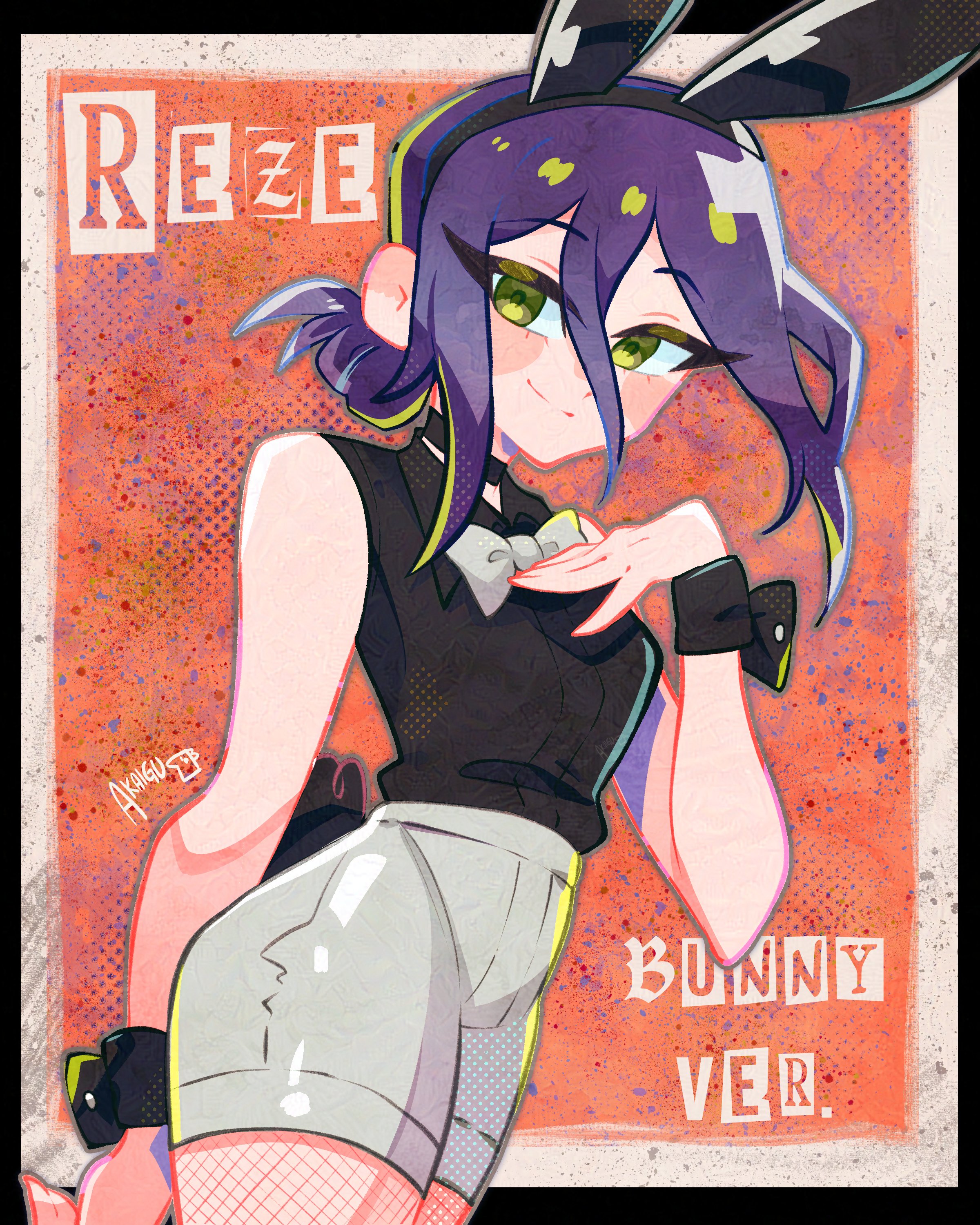 akaiguarts, reze (chainsaw man), chainsaw man, absurdres, highres, 1girl, animal ear hairband, animal ears, black shirt, black wrist cuffs, character name, closed mouth, fake animal ears, fake tail, fishnet pantyhose, fishnets, green eyes, grey shorts, hair between eyes, hair bun, hairband, pantyhose, playboy bunny, purple hair, rabbit ear hairband, rabbit ears, rabbit tail, shirt, shirt tucked in, shorts, sleeveless, sleeveless shirt, smile, solo, tail, wrist cuffs