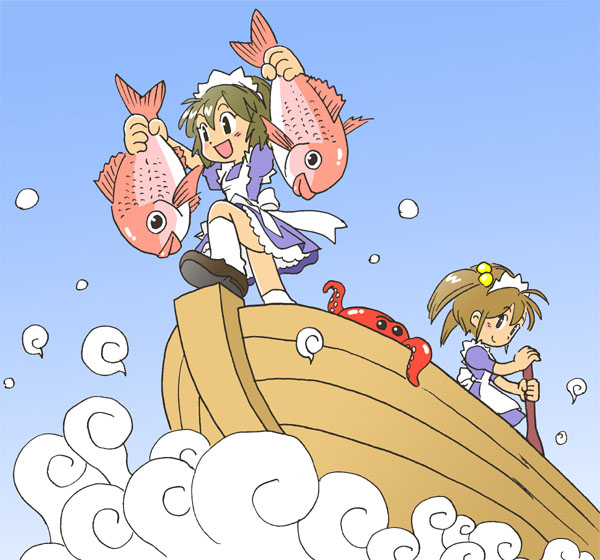 kabiinyo (kab), original, 2girls, boat, fish, gradient background, maid, multiple girls, octopus, rowboat, sea bream, watercraft