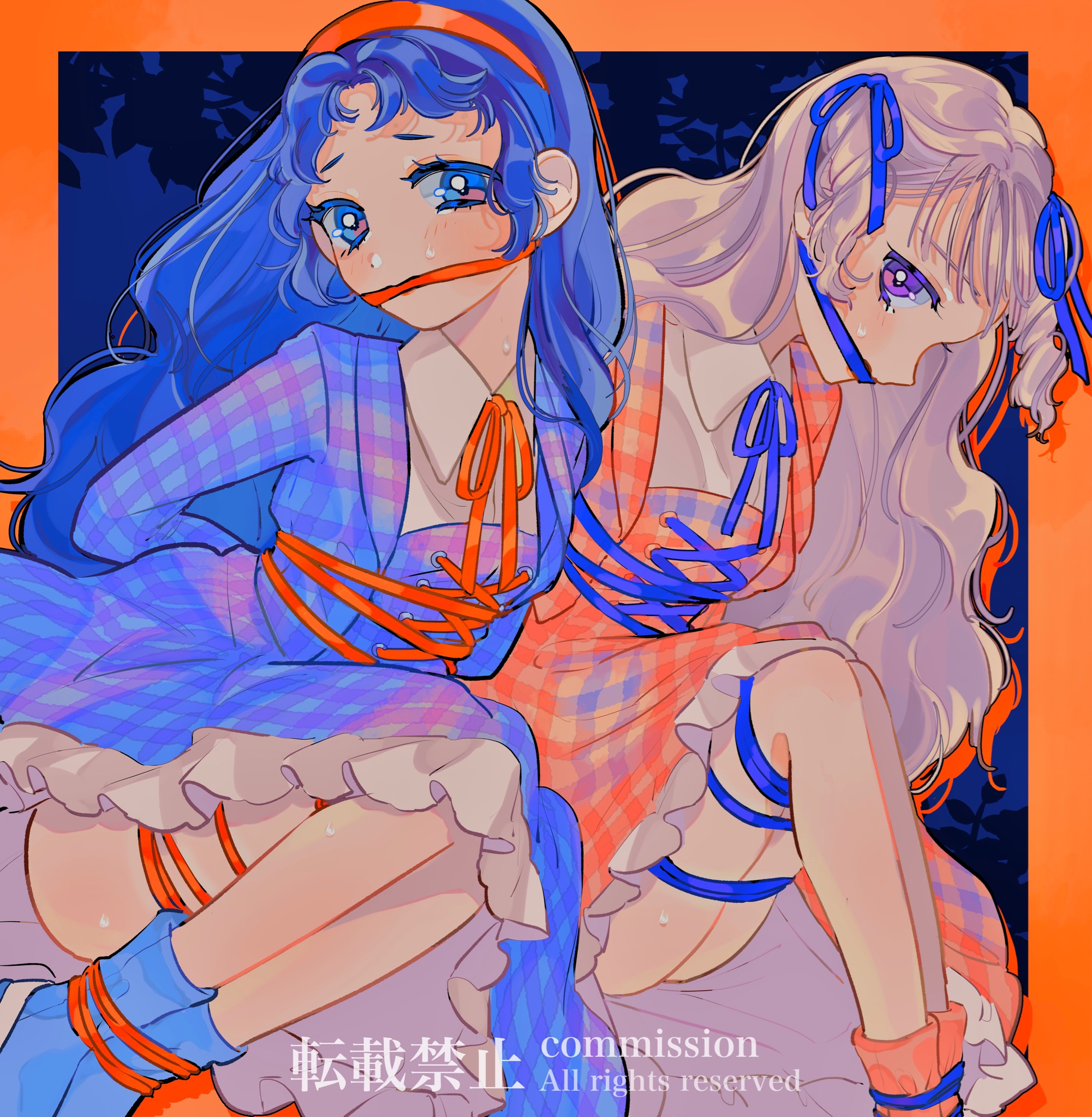amaharu wasure, original, commentary, commission, english commentary, highres, mixed-language commentary, 2girls, ass, blue dress, blue eyes, blue hair, blue ribbon, blue shoes, blush, border, bound, collared dress, dress, hair ribbon, hairband, long hair, looking at viewer, multiple girls, orange border, orange dress, orange hairband, orange ribbon, orange shoes, profile, purple eyes, ribbon, shoes, tied up (nonsexual), white hair
