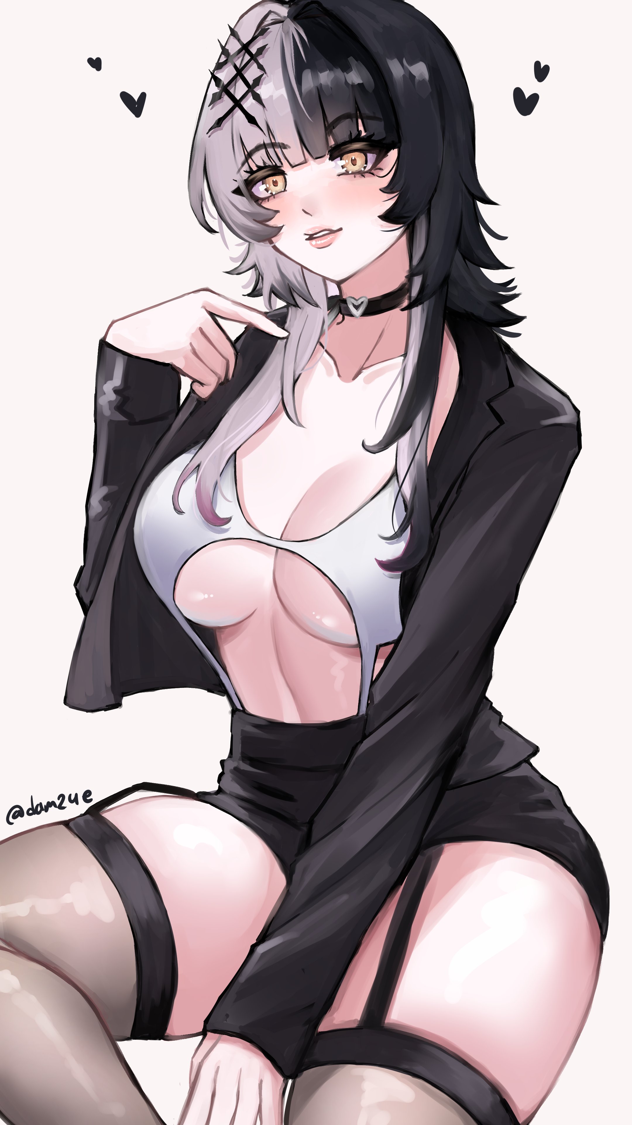 adammaarr, shiori novella, hololive, hololive english, absurdres, highres, 1girl, alternate costume, bikini, black choker, black hair, black jacket, black skirt, breasts, choker, grey hair, grey thighhighs, heart, jacket, large breasts, long hair, multicolored hair, parted lips, simple background, skirt, solo, split-color hair, suit jacket, swimsuit, thighhighs, two-tone hair, virtual youtuber, white background, white bikini, yellow eyes