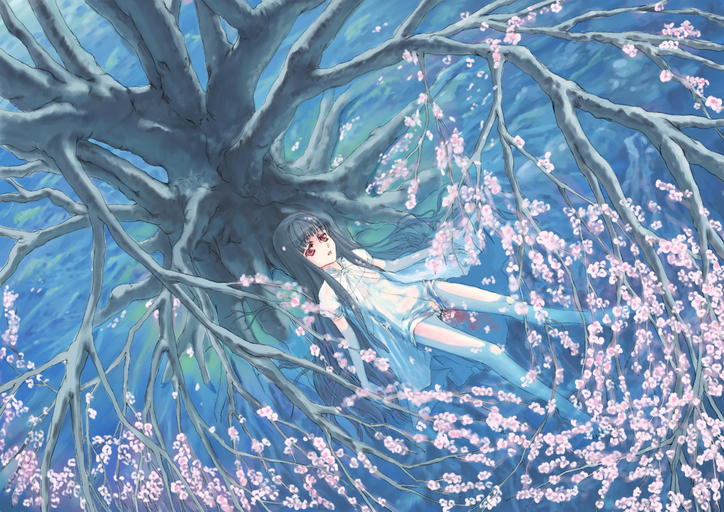 yunoka gashu, original, 1girl, afloat, barefoot, black hair, blood, cherry blossoms, female focus, long hair, nature, red eyes, solo, tree, water