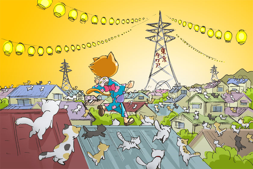 kabiinyo (kab), original, 1girl, animal ears, calico (pattern), cat, cat ears, cat girl, dusk, hand fan, japanese clothes, kimono, paper fan, running, too many, too many cats, transmission tower, uchiwa, yukata