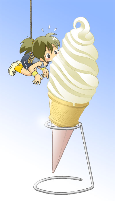 kabiinyo (kab), original, 1girl, bike shorts, blush, eating, female focus, flying sweatdrops, food, gradient background, hanging, ice cream, ice cream cone, mini person, minigirl, ponytail, rope, simple background, soft serve, solo