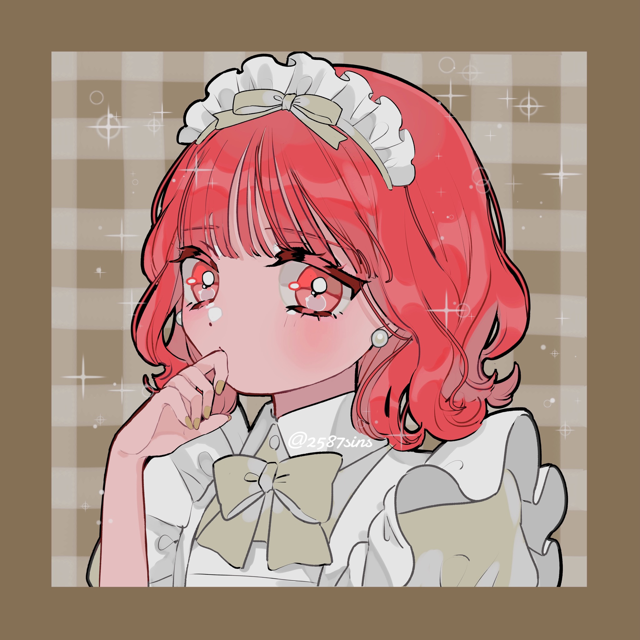 amaharu wasure, original, commentary request, highres, 1girl, apron, border, bow, bowtie, brown border, collared dress, dress, earrings, frilled apron, frills, grey bow, grey bowtie, jewelry, looking at viewer, maid, maid headdress, medium hair, red eyes, red hair, solo, sparkle, twitter username, white apron