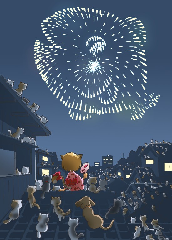 kabiinyo (kab), original, 1girl, aerial fireworks, animal ears, calico (pattern), cat, cat ears, cat girl, dog, fireworks, fish, gradient background, hand fan, holding, holding fan, japanese clothes, kimono, night, paper fan, too many, too many cats, uchiwa, yukata