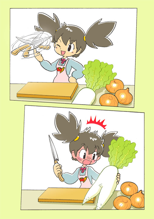 kabiinyo (kab), original, 1girl, ^^^, apron, blush, comic, cutting board, daikon, knife, one eye closed, onion, radish, sexually suggestive, simple background, spinning, surprised, twintails