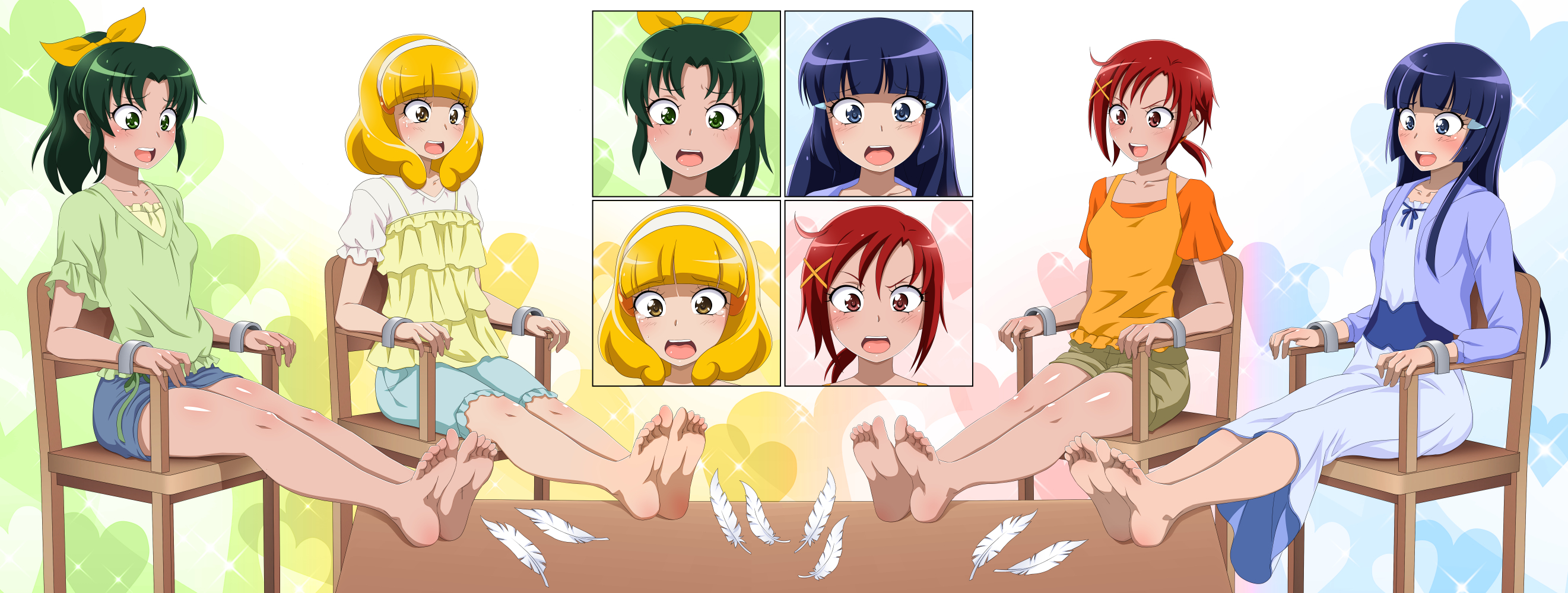 orcaleon, aoki reika, hino akane (smile precure!), kise yayoi, midorikawa nao, precure, smile precure!, commentary, commission, english commentary, highres, mixed-language commentary, 4girls, ahoge, barefoot, blue dress, blue eyes, blue hair, blue jacket, blue shorts, blunt bangs, blunt ends, breasts, brown shorts, camisole, chair, coffee table, collarbone, d:, dress, feathers, feet, feet on table, foot focus, frilled shirt, frilled shorts, frilled sleeves, frills, full body, furrowed brow, gradient background, green eyes, green hair, green shirt, hair ornament, hair ribbon, hairband, hairclip, heart, heart background, hime cut, imminent tickling, jacket, long hair, long sleeves, looking down, multiple girls, open clothes, open jacket, open mouth, orange shirt, orange tank top, outstretched legs, ponytail, puffy short sleeves, puffy sleeves, red eyes, red hair, ribbon, scared, shirt, short hair, short ponytail, short sleeves, shorts, small breasts, soles, table, tank top, tearing up, teeth, toes, upper teeth only, v-neck, white background, white feathers, white hairband, white shirt, x hair ornament, yellow camisole, yellow eyes, yellow ribbon