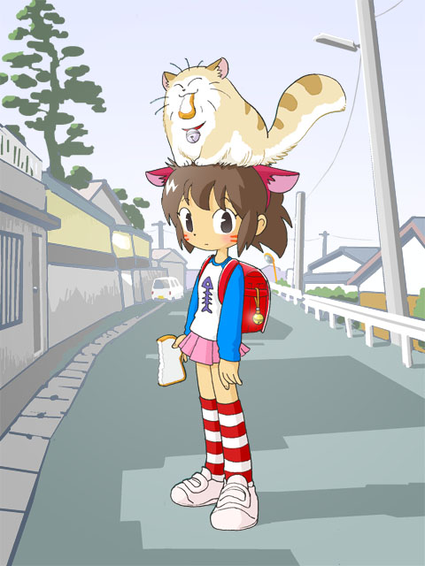 kabiinyo (kab), original, animal ears, backpack, bag, bread, cat, cat ears, cosplay, food, kneehighs, randoseru, socks, solo, striped clothes, striped socks