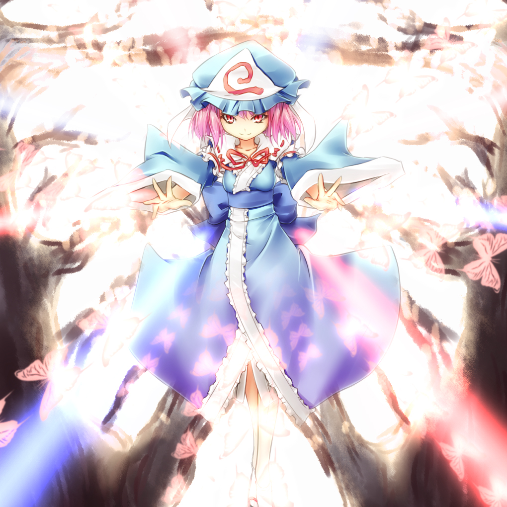 hazumi otoya, saigyouji yuyuko, touhou, 1girl, bug, butterfly, danmaku, female focus, hat, pink hair, short hair, solo