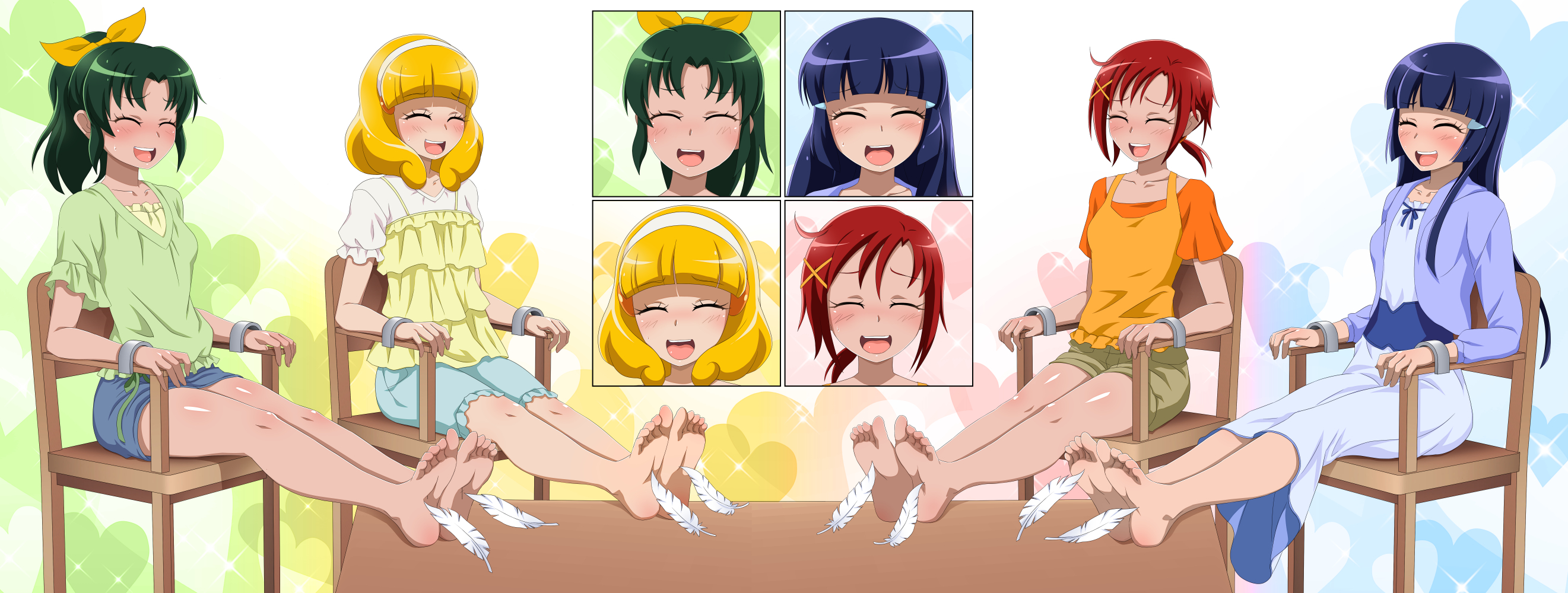 orcaleon, aoki reika, hino akane (smile precure!), kise yayoi, midorikawa nao, precure, smile precure!, commentary, commission, english commentary, highres, mixed-language commentary, 4girls, ahoge, barefoot, blue dress, blue hair, blue jacket, blue shorts, blunt bangs, blunt ends, breasts, brown shorts, camisole, chair, closed eyes, coffee table, collarbone, d:, dress, facing ahead, feathers, feet, feet on table, foot focus, frilled shirt, frilled shorts, frilled sleeves, frills, full body, furrowed brow, gradient background, green hair, green shirt, hair ornament, hair ribbon, hairband, hairclip, heart, heart background, hime cut, jacket, laughing, long hair, long sleeves, multiple girls, open clothes, open jacket, open mouth, orange shirt, orange tank top, outstretched legs, ponytail, puffy short sleeves, puffy sleeves, red hair, ribbon, shirt, short hair, short ponytail, short sleeves, shorts, small breasts, smile, soles, table, tank top, tearing up, teeth, tickling, tickling feet, toes, upper teeth only, v-neck, white background, white feathers, white hairband, white shirt, x hair ornament, yellow camisole, yellow ribbon