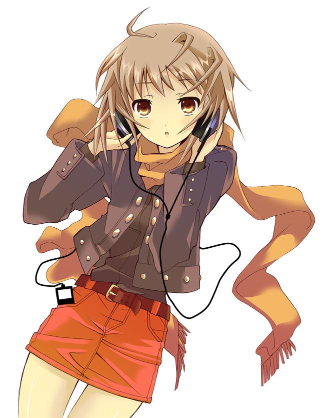 yuutarou, nagato yuki, suzumiya haruhi no yuuutsu, jpeg artifacts, non-web source, 00s, 1girl, female focus, headphones, scarf, skirt, solo