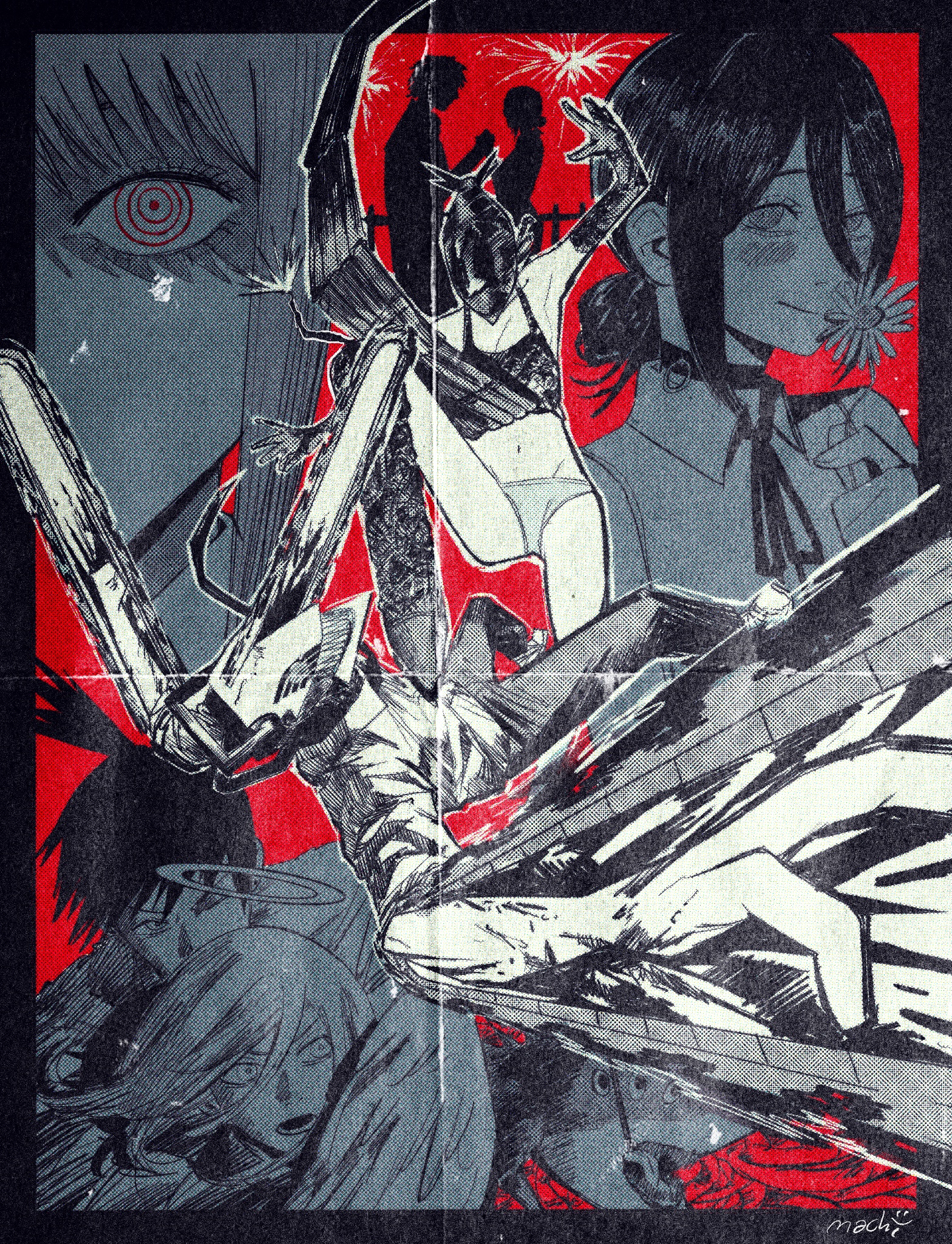 machipachi1901, angel devil (chainsaw man), beam (chainsaw man), bomb devil (chainsaw man), denji (chainsaw man), hayakawa aki, makima (chainsaw man), reze (chainsaw man), chainsaw man, highres, 1boy, 1girl, alternate form, apron, battle, chainsaw, character background, dynamite, elbow gloves, explosive, gloves, navel, object head, panties, pants, sharp teeth, shirt, teeth, underwear