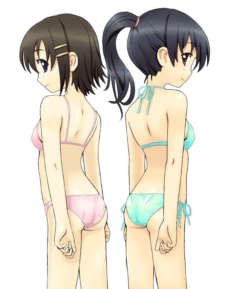 homing (areya), original, 2girls, ass, back-to-back, bikini, black eyes, black hair, brown eyes, brown hair, long hair, multiple girls, ponytail, short hair, swimsuit