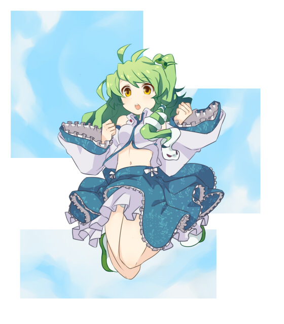 dolberry, dolberry303, kochiya sanae, touhou, bad id, bad pixiv id, 1girl, female focus, green hair, midriff, solo