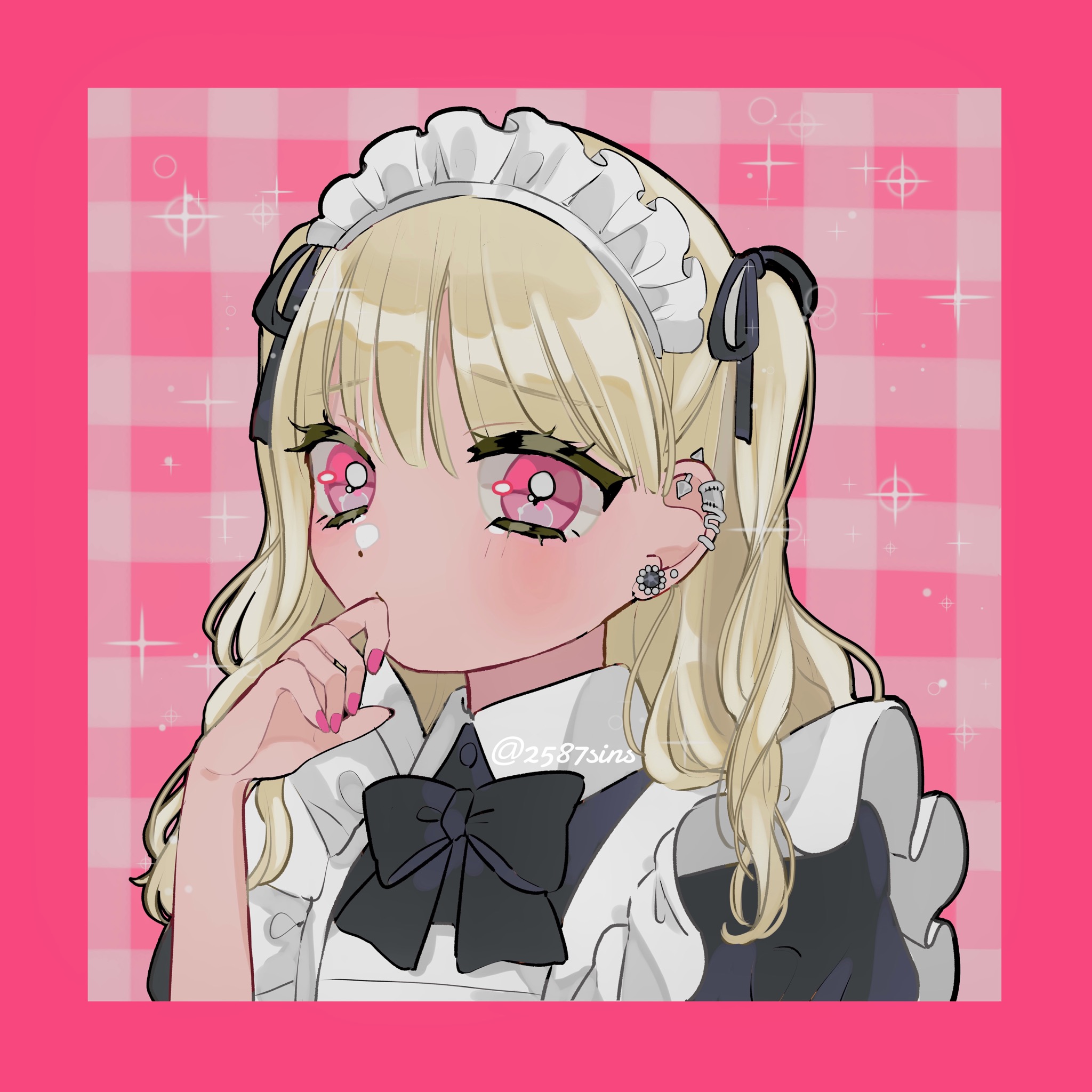 amaharu wasure, original, commentary request, highres, 1girl, apron, black bow, black bowtie, black dress, black ribbon, blonde hair, blush, border, bow, bowtie, collared dress, dress, ear piercing, fingernails, frilled apron, frills, hair ribbon, long hair, looking at viewer, maid, maid headdress, nail polish, piercing, pink background, pink border, pink eyes, pink nails, plaid background, ribbon, solo, sparkle, twitter username, two side up, white apron