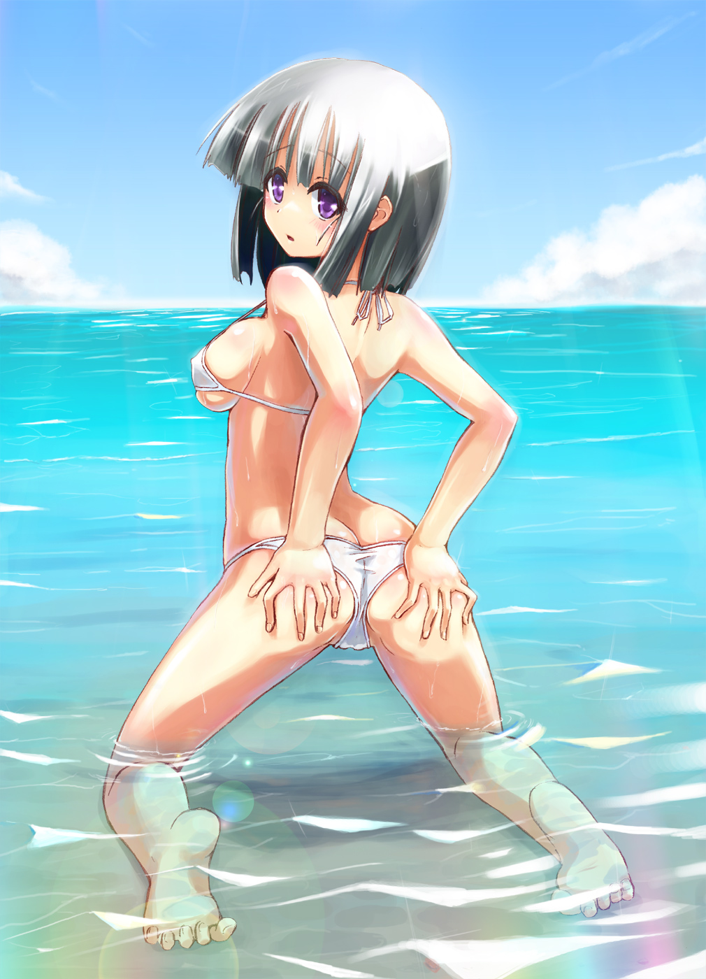 homura subaru, original, silver hair, bad id, bad pixiv id, highres, 1girl, ass, bare shoulders, barefoot, beach, bikini, breasts, cloud, day, feet, female focus, grabbing own ass, halterneck, kneeling, large breasts, looking back, micro bikini, ocean, outdoors, purple eyes, short hair, sideboob, sky, solo, string bikini, submerged, swimsuit, water, wet