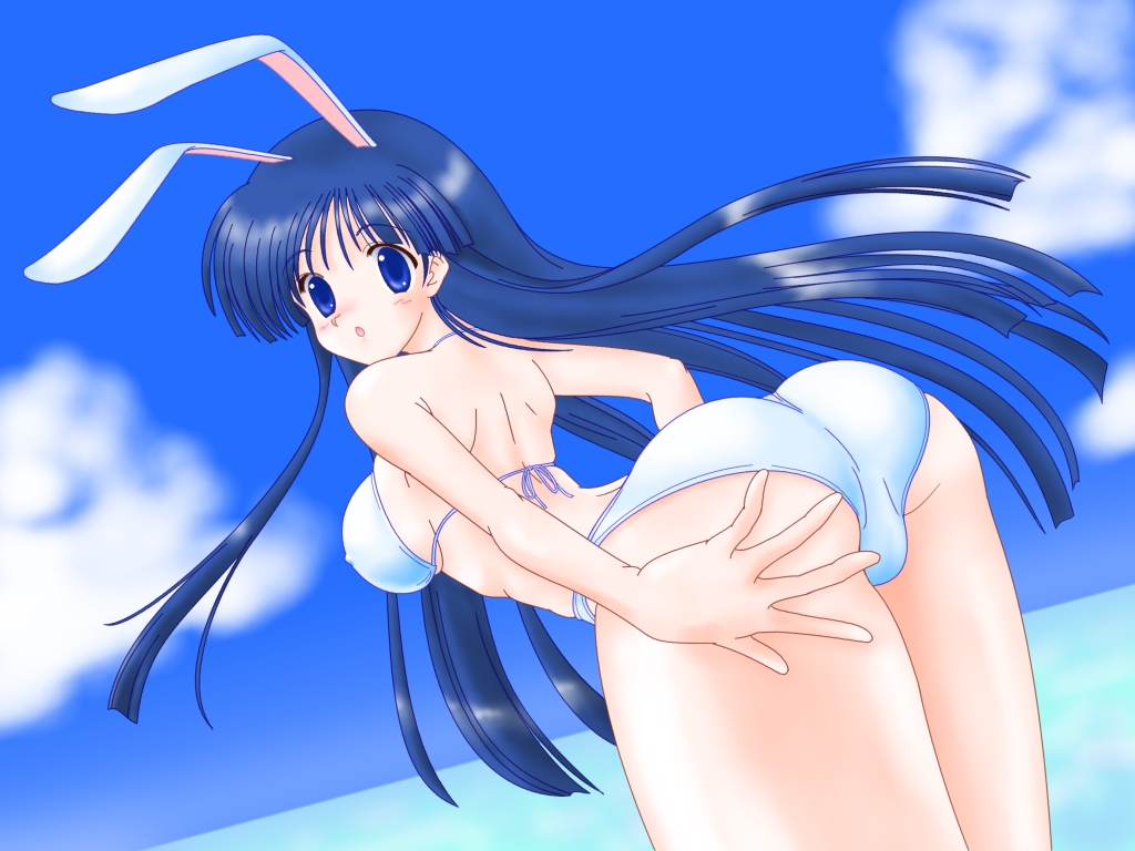 araking, kusakabe yuuki (to heart 2), to heart (series), to heart 2, 00s, 1girl, animal ears, ass, beach, bent over, bikini, blue eyes, blue hair, breasts, covered erect nipples, day, dutch angle, female focus, large breasts, long hair, matching hair/eyes, outdoors, rabbit ears, solo, swimsuit, white bikini