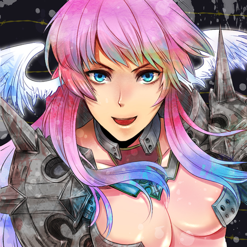 chirao (tirao777), rune knight (ragnarok online), ragnarok online, commentary request, lowres, 1girl, armor, bikini armor, blue eyes, blue hair, breasts, cleavage, feathered wings, gradient hair, head wings, long hair, looking at viewer, medium breasts, multicolored hair, open mouth, pauldrons, pink hair, shoulder armor, sidelocks, smile, solo, spiked pauldrons, spikes, upper body, white wings, wings