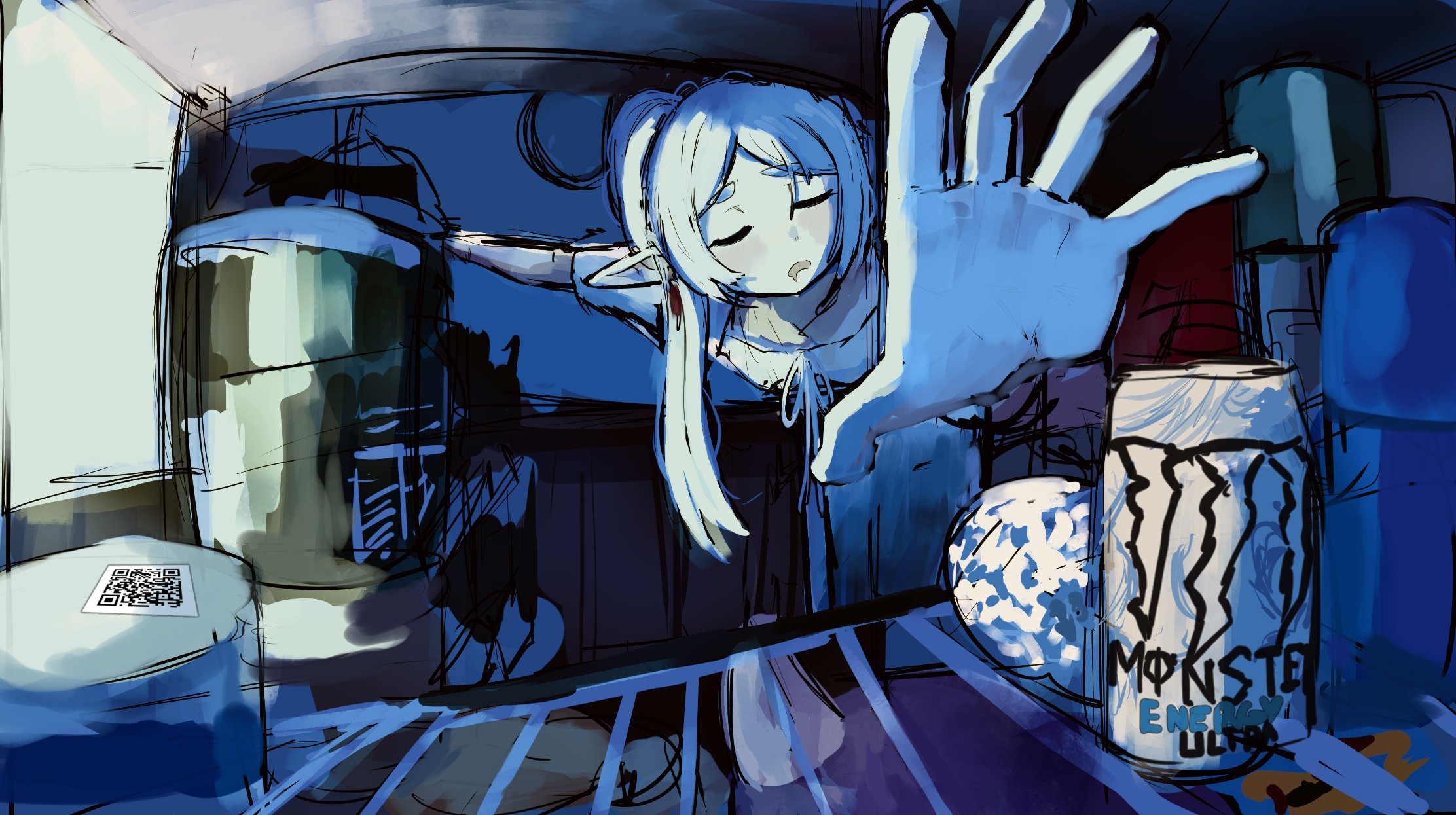 alaniz (lafertealanis), aura (sousou no frieren), frieren, monster energy, sousou no frieren, highres, 2girls, closed eyes, demon horns, earrings, elf, horns, jewelry, multiple girls, nightgown, open mouth, pointy ears, purple hair, qr code, refrigerator interior, sleepy, white hair, white nightgown